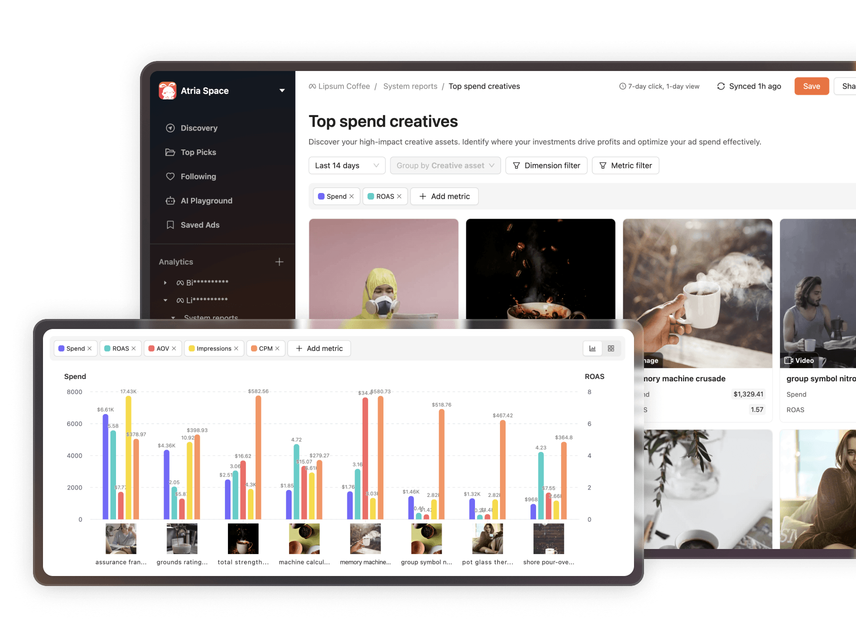 Premade reports, beautiful visuals. one-click share. illustration