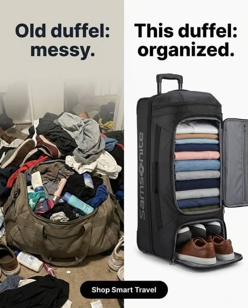 Old duffel: messy. This duffel: organized.
