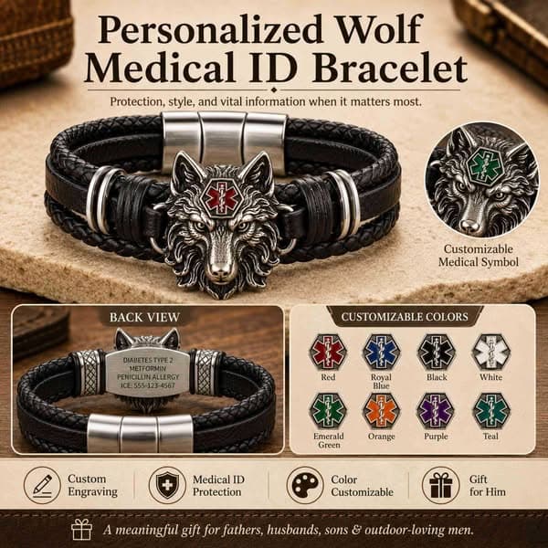 Personalized Wolf Head Medical Alert Bracelet with ID Text, Adjustable Emergency Info Wristband, Daily Wear Safety Accessory, Gift for Dad/Grandpa