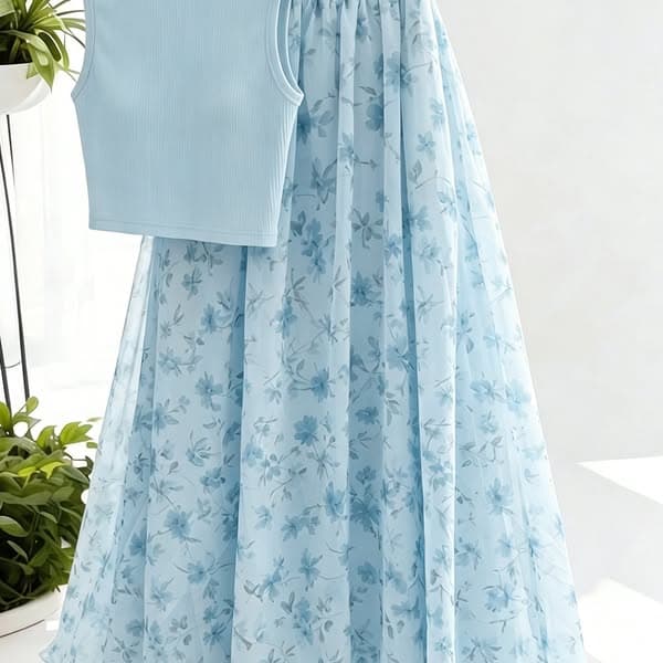 GlowEve Blue Floral Two-Piece Set Women's Outfits Sets Round Neck Tank Top Ditsy Skirt Regular Fit Polyester Boho Casual Elegant Ethnic Vaca