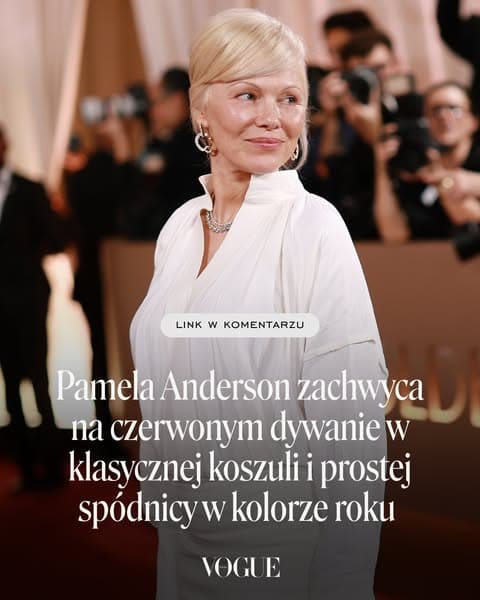 Pamela Anderson zachwyca na czerwonym dywanie w klasycznej koszuli i prostej spódnicy w kolorze roku 2026