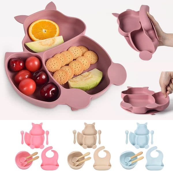 Set di 7 pezzi: piatto, ciotola, bavaglino, 2 forchette, 2 cucchiai 👶 🍽