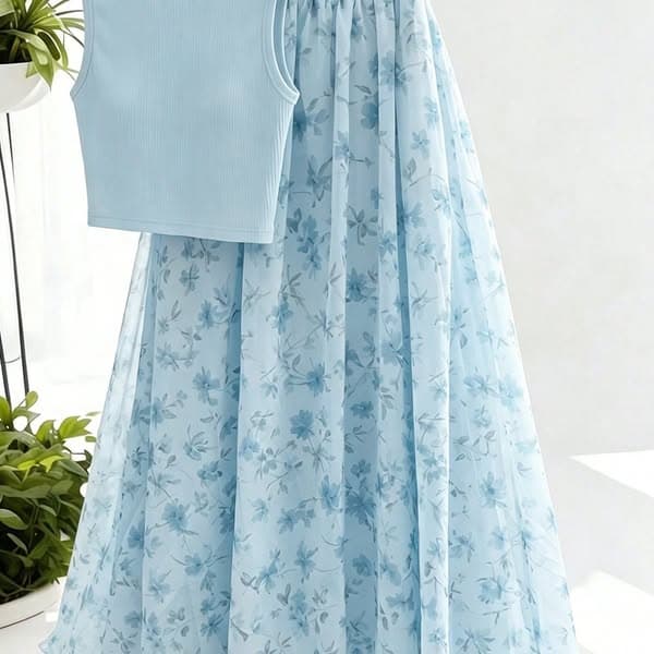 GlowEve Blue Floral Two-Piece Set Women's Outfits Sets Round Neck Tank Top Ditsy Skirt Regular Fit Polyester Boho Casual Elegant Ethnic Vaca