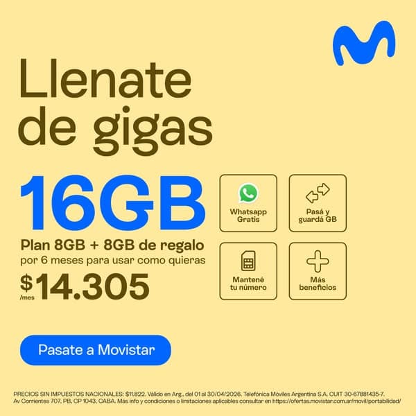 Pasate a Movistar con 16 GB para todo lo que te gusta. ✨