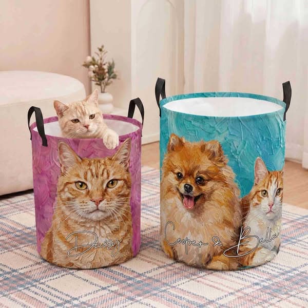 Personalized Name & Photo Oil Painting Pet Portrait Storage Basket with Handles, Waterproof Large Capacity Toy Laundry Basket, Gift for Pet Parents