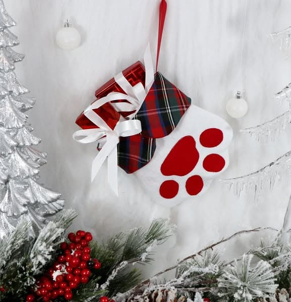 Plaid Pet Christmas Stocking, Eco-Friendly Felt Paw Print