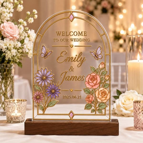Personalized Acrylic Wedding Table Sign with Birth Flower, Name and Date Keepsake Decor, Elegant Wedding Gift  for Bride/Groom