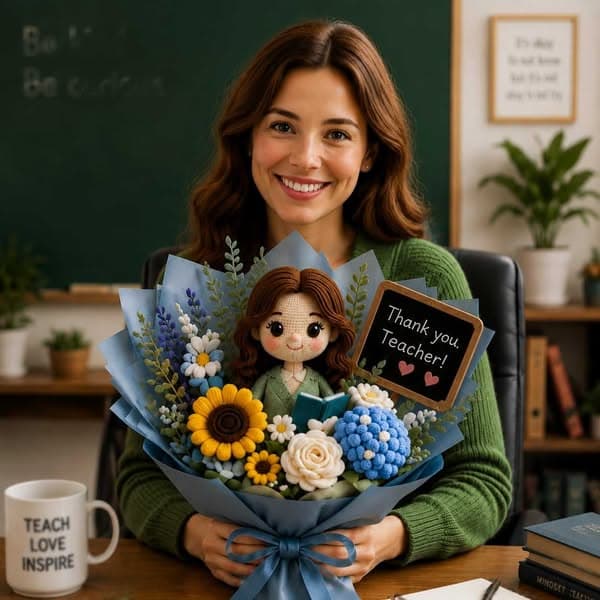 Custom Crochet Teacher Doll Bouquet with Blackboard-Style Card, Handmade Knitted Flower Bouquet, Appreciation/Back to School/Birthday Gift for Teacher