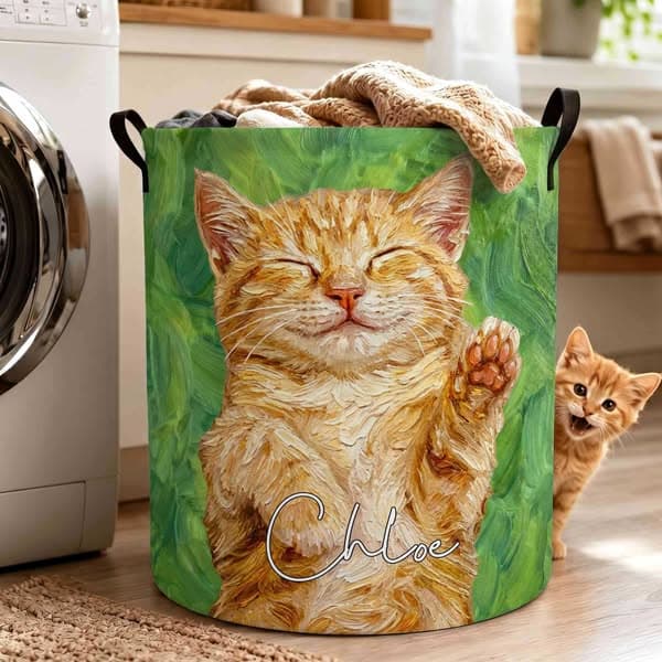 Personalized Name & Photo Oil Painting Pet Portrait Storage Basket with Handles, Waterproof Large Capacity Toy Laundry Basket, Gift for Pet Parents