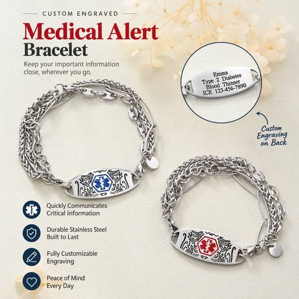 Personalized Engraved Star of Life Medical Alert Bracelet, Medical ID Emergency Contact Bracelet, Birthday Gift for Family/Friends/Patients