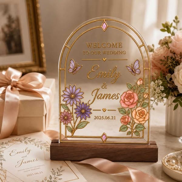 Personalized Acrylic Wedding Table Sign with Birth Flower, Name and Date Keepsake Decor, Elegant Wedding Gift  for Bride/Groom