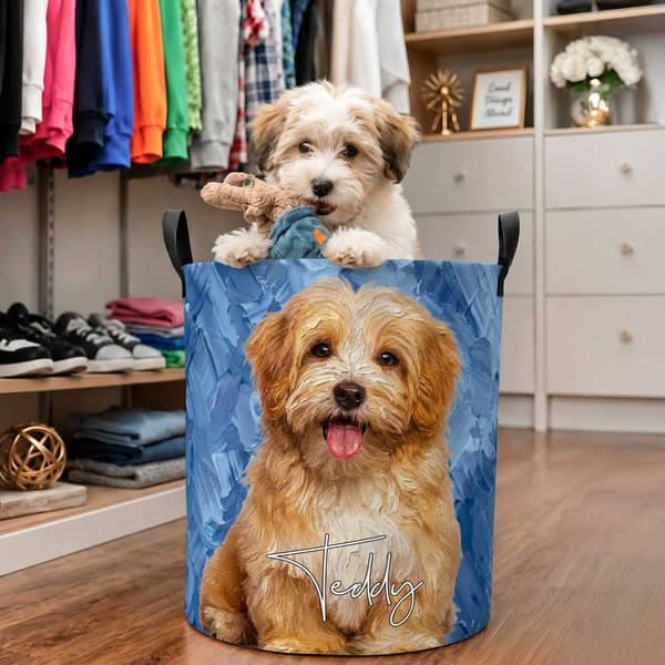 Personalized Name & Photo Oil Painting Pet Portrait Storage Basket with Handles, Waterproof Large Capacity Toy Laundry Basket, Gift for Pet Parents