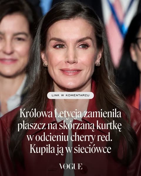 Królowa Letycja zamieniła płaszcz na skórzaną kurtkę w odcieniu cherry red. Kupiła ją w sieciówce