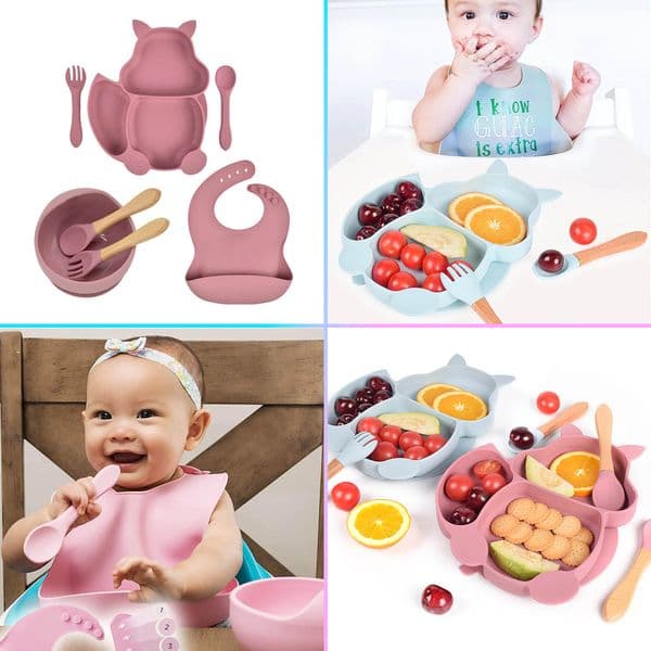 Set di 7 pezzi: piatto, ciotola, bavaglino, 2 forchette, 2 cucchiai 👶 🍽