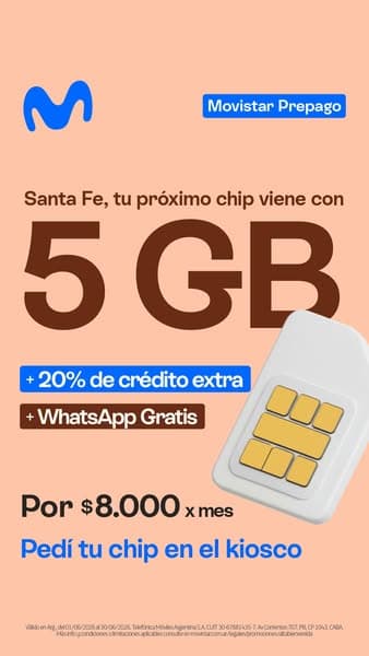 Santa Fé, tu próximo chip viene con 5GB 🚀Con Movistar Prepago tenés 5GB, +20% de crédito extra y WhatsApp Gratis.
Todo por $8.000 por mes. 📍Pedí tu chip en el kiosco.