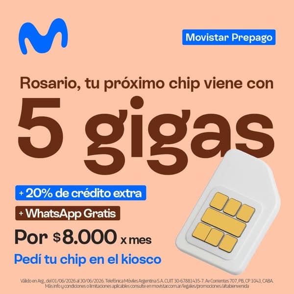 Rosario, tu próximo chip viene con 5GB 🚀Con Movistar Prepago tenés 5GB, +20% de crédito extra y WhatsApp Gratis.
Todo por $8.000 por mes. 📍Pedí tu chip en el kiosco.