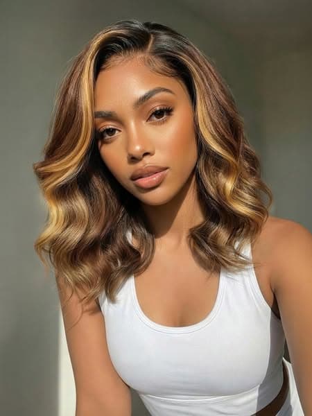 UNice 13x4 Pre-Everything™ Lace Frontal Brown With Honey Blonde Face-Framing Highlights Wavy Bob Drawstring Wig