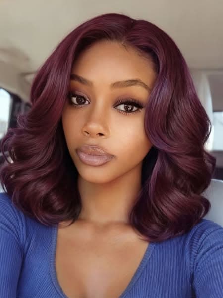 UNice 100% Human Hair Black Cherry Bye-Bye Knots™ 7x5 Lace Glueless Bob Drawstring Body Wave Wig 150% Density