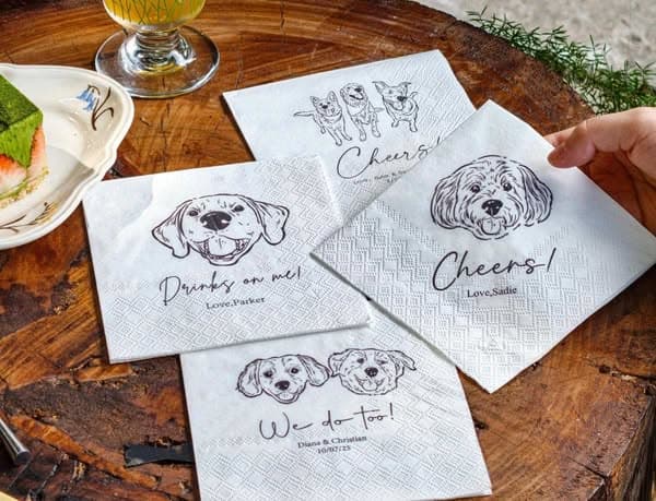 Custom Pet Wedding Cocktail Napkins, Personalized Pet Portrait for 1–3 Dogs or Cats, Colorful Wedding Party Supplies