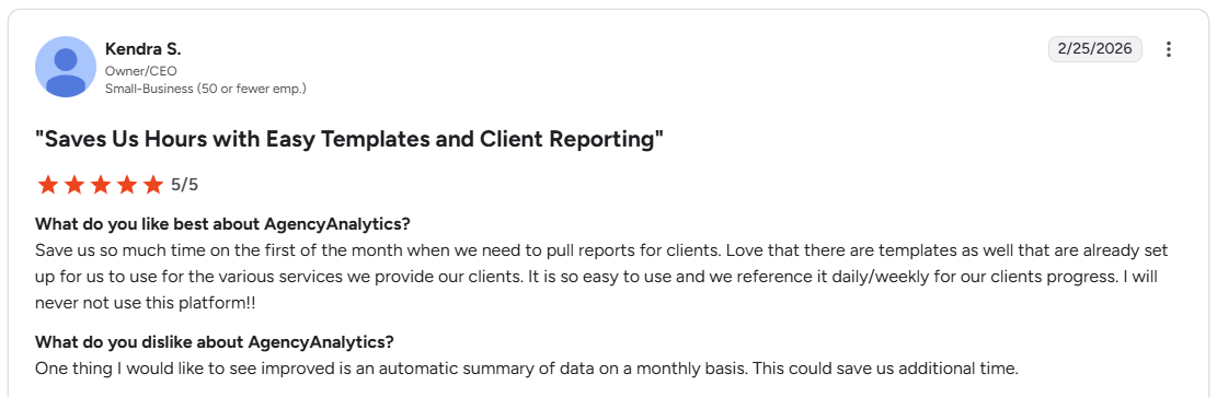 AgencyAnalytics G2 review - positive