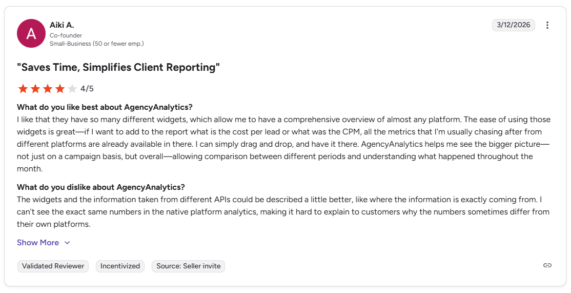 AgencyAnalytics G2 review - critical