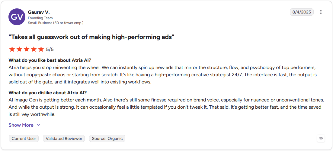 Gaurav V., Founding Team, gives Atria AI a 5 out of 5 star rating on G2 in a review titled 