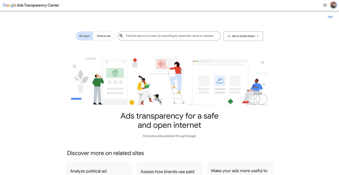 Google Ads transparency center homepage