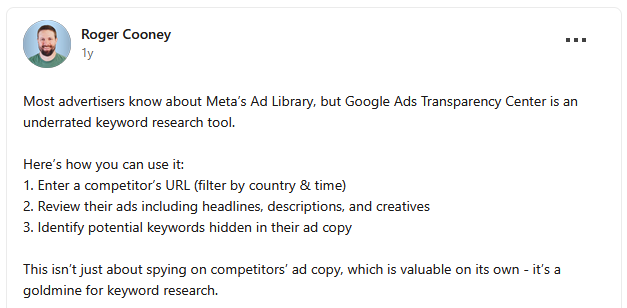 Roger Cooney post on LinkedIn about Google Ads Transparency Center