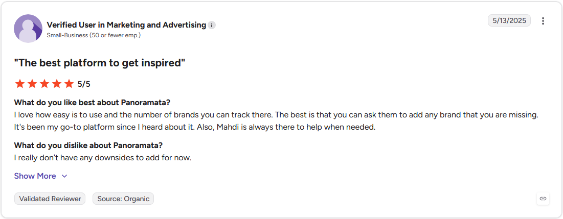 G2 review by a verified user in marketing and advertising rating Panoramata 5 out of 5 stars
