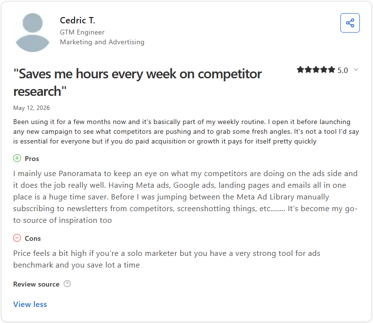 Capterra review by Cedric T., GTM Engineer, rating Panoramata 5 out of 5 stars