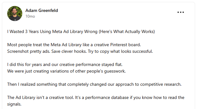 LinkedIn review of Meta Ad Library by Adam Greenfeld