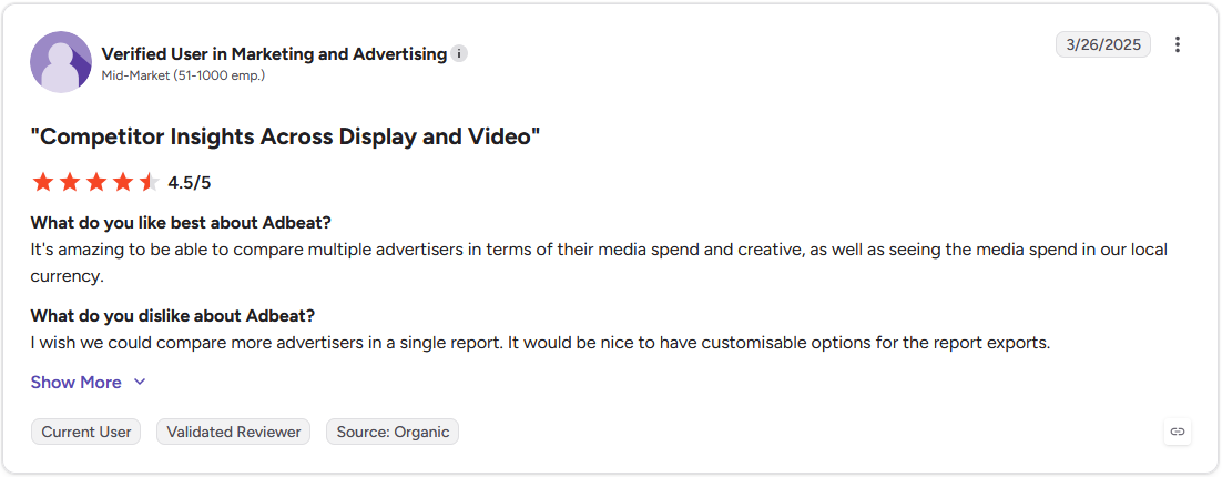 G2 review by a verified user in marketing and advertising rating Adbeat 4.5 out of 5 stars