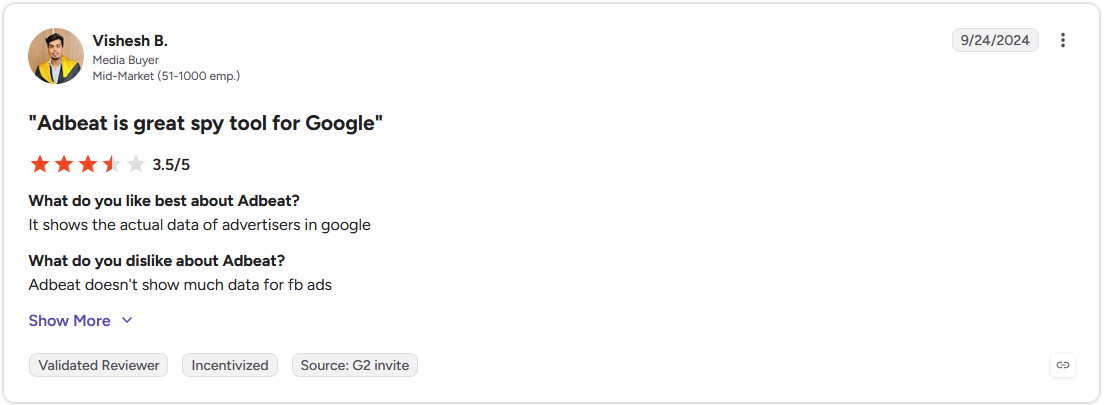 G2 review by Vishesh B., Media Buyer, rating Adbeat 3.5 out of 5 stars