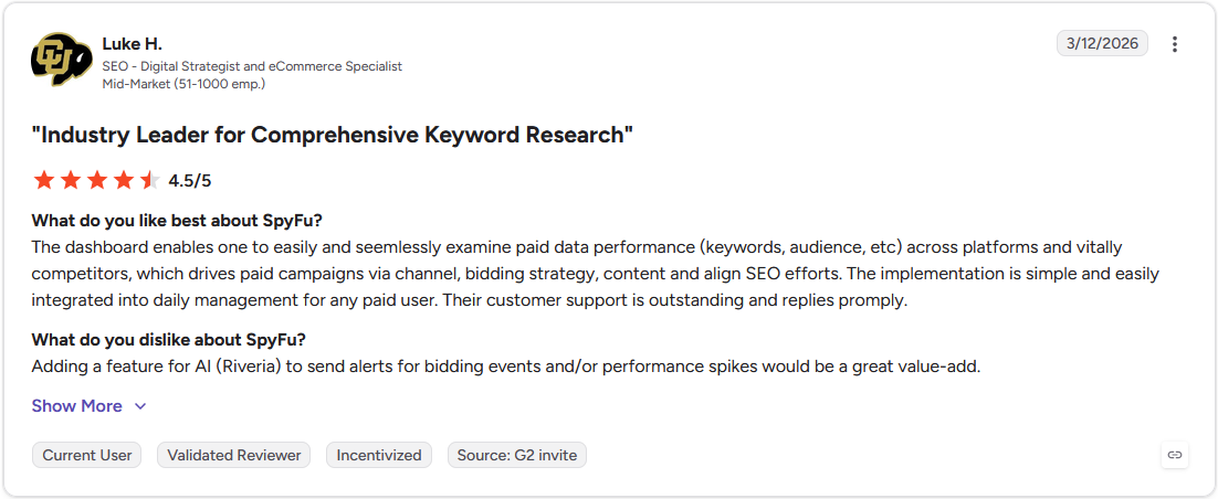 G2 review by Luke H., SEO Digital Strategist and eCommerce Specialist, rating SpyFu 4.5 out of 5 stars