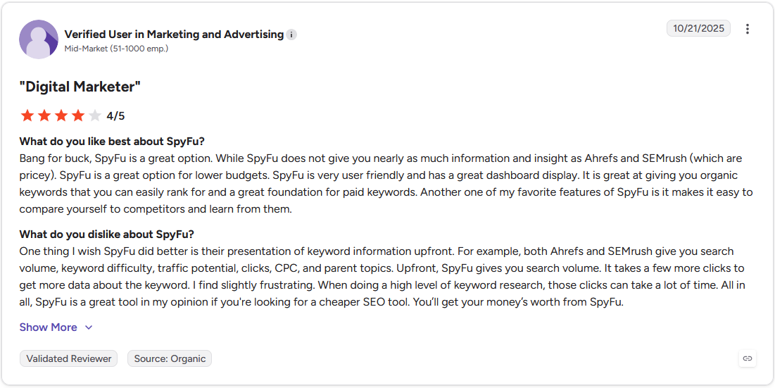 G2 review by a verified user in marketing and advertising rating SpyFu 4 out of 5 stars