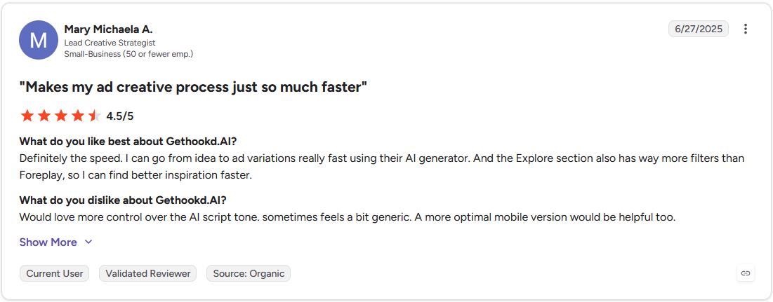 G2 review by Mary Michaela A., Lead Creative Strategist, rating Gethookd.AI 4.5 out of 5 stars