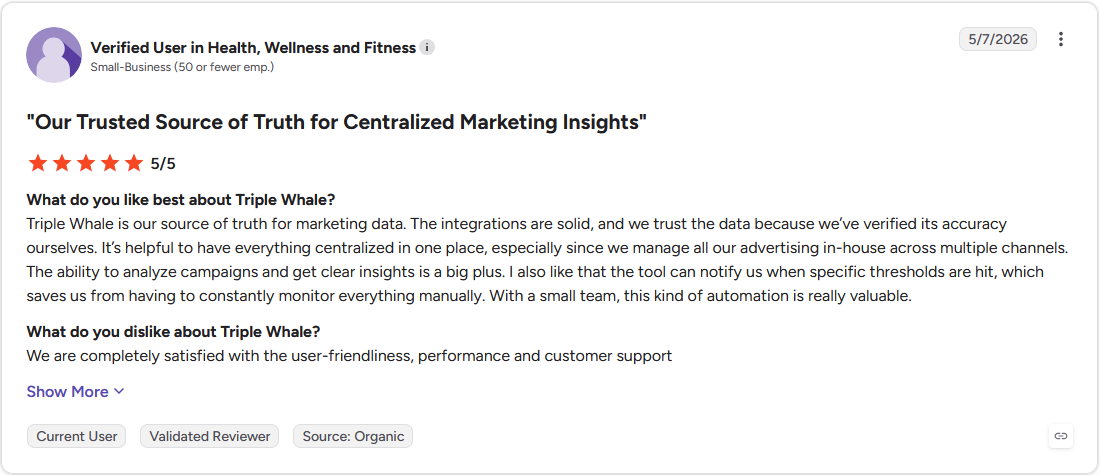 G2 review screenshot, verified user in Health, Wellness and Fitness, 5 out of 5 stars, on Triple Whale as a centralized source of truth for marketing data.