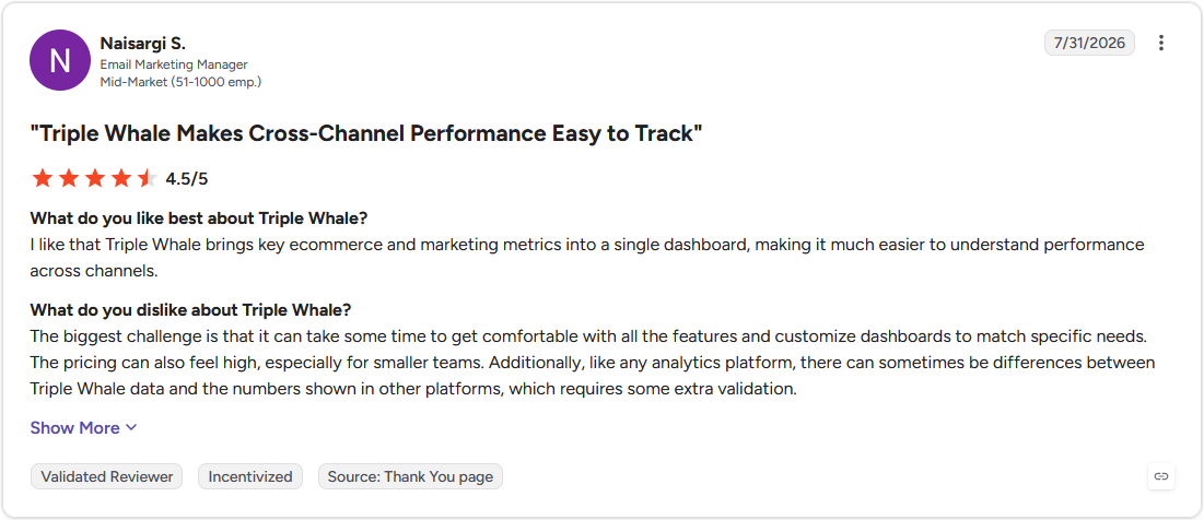 G2 review screenshot, Naisargi S., Email Marketing Manager, 4.5 out of 5 stars, on Triple Whale's learning curve and data discrepancies.