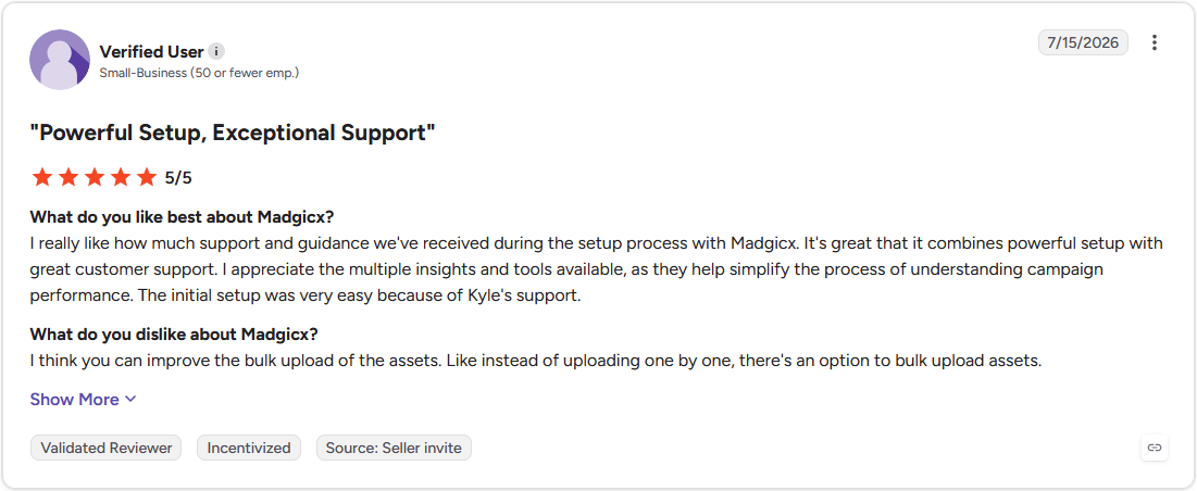 G2 review screenshot, verified user, small business, 5 out of 5 stars, on Madgicx's insights simplifying campaign performance.