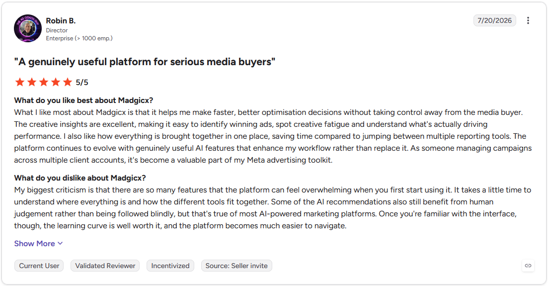G2 review screenshot, Robin B., Director, Enterprise, 5 out of 5 stars, on Madgicx's learning curve for new users.
