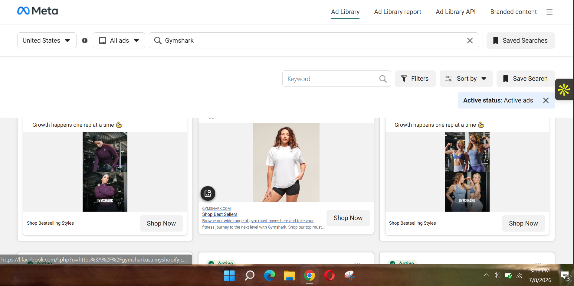 Meta Ad Library grid of active Gymshark ads