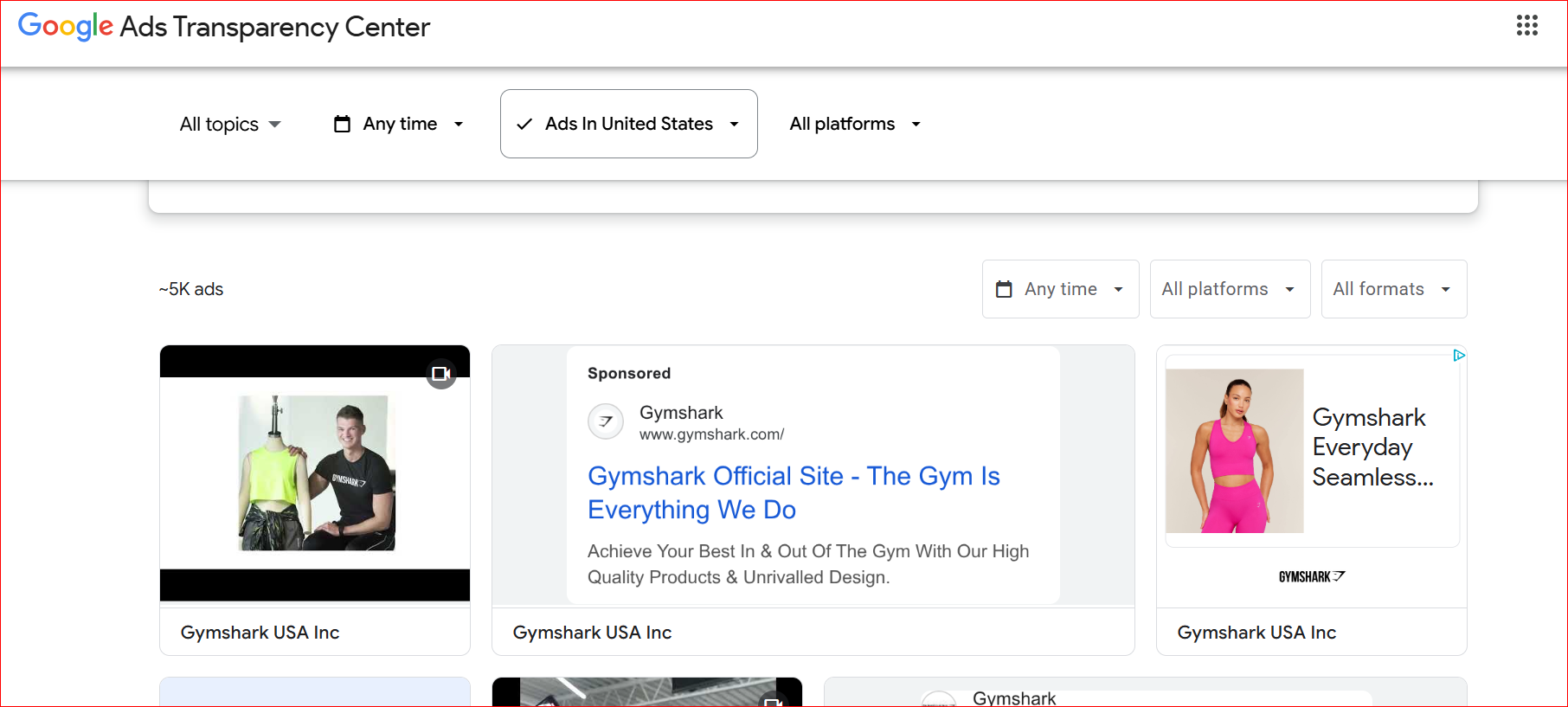 Google Ads Transparency Center results for Gymshark