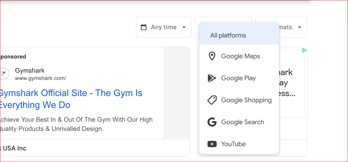 Google Ads Transparency Center filtered by platform and time