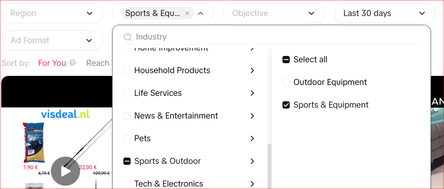 TikTok Creative Center industry filter set to Sports and Equipment