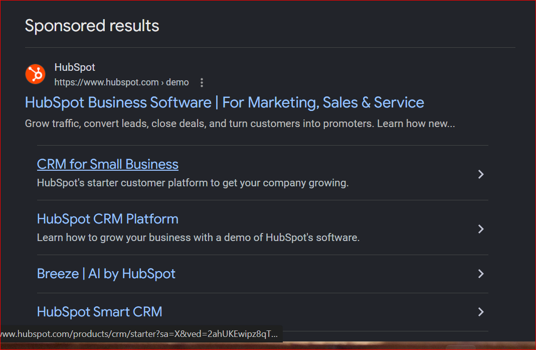 Google search results showing a HubSpot search ad