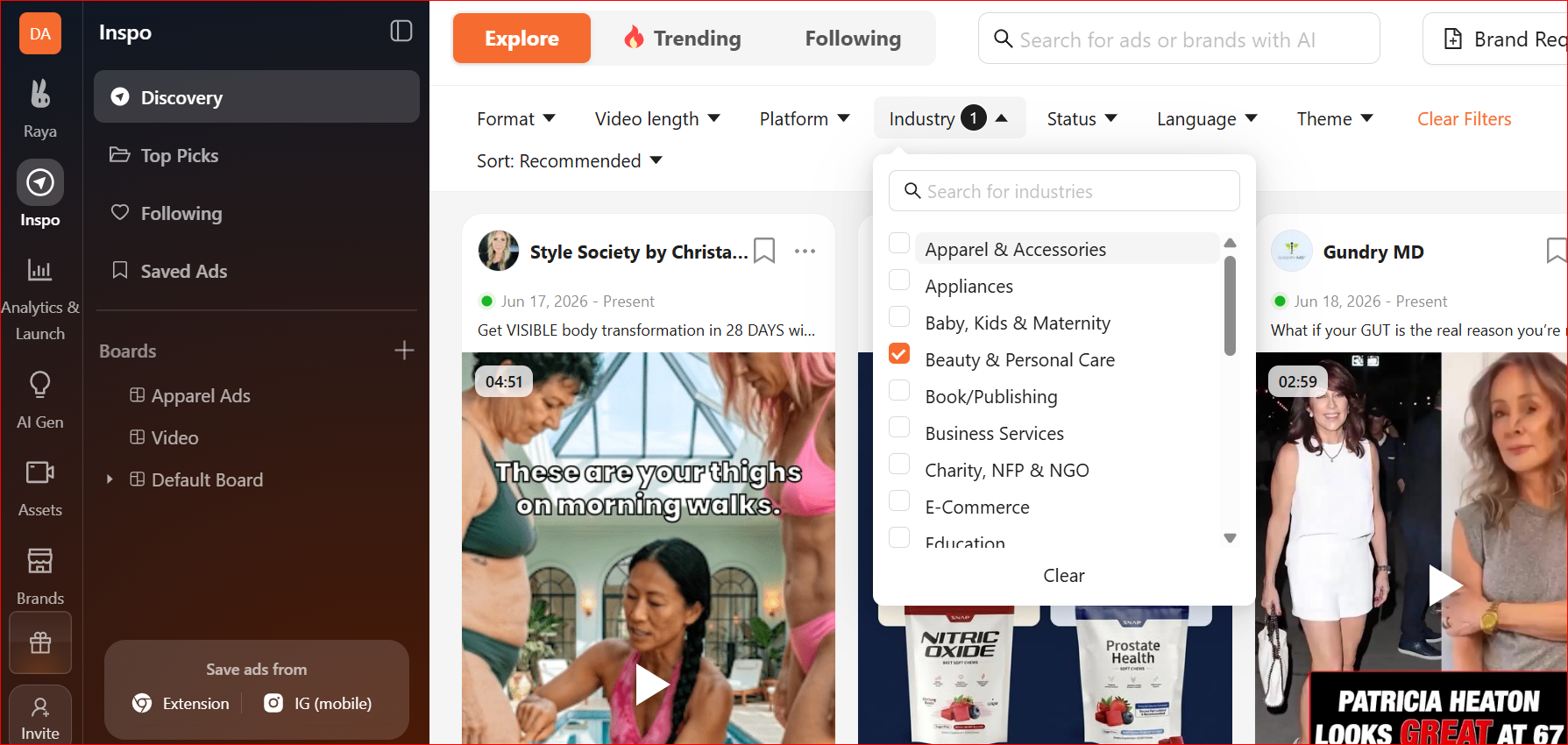 Atria's Discovery tab filtered by Industry