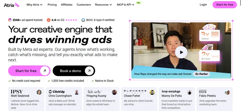 Screenshot of Atria homepage.
