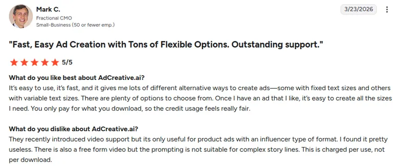 AdCreative.ai G2 review by Mark C.