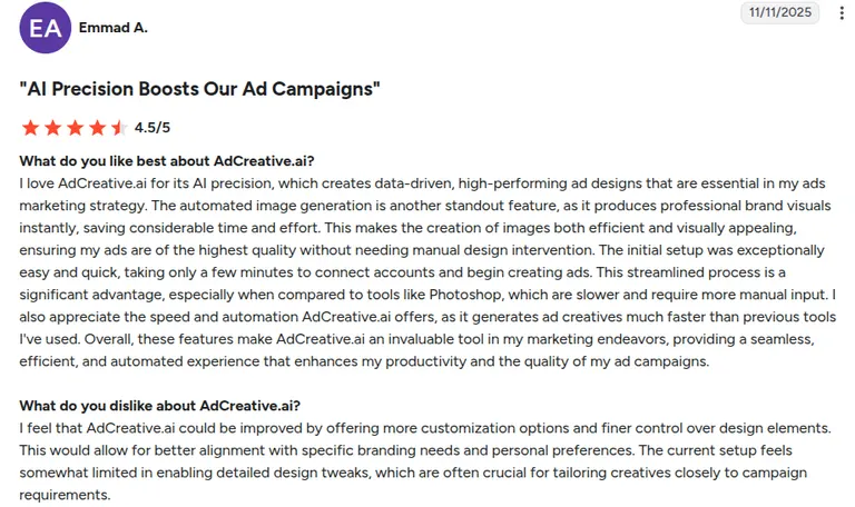 AdCreative.ai G2 review by Emmad A.