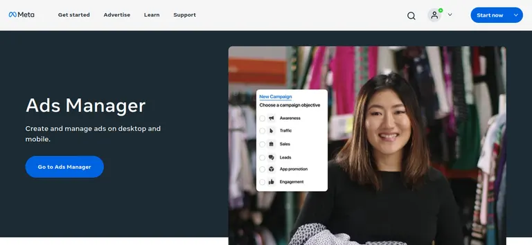Screenshot of Meta Ads Manager homepage.
